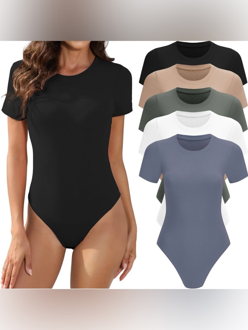 Classic Crew Neck Short Sleeve Bodysuit - Black, White, Taupe, Olive, Slate NEW
